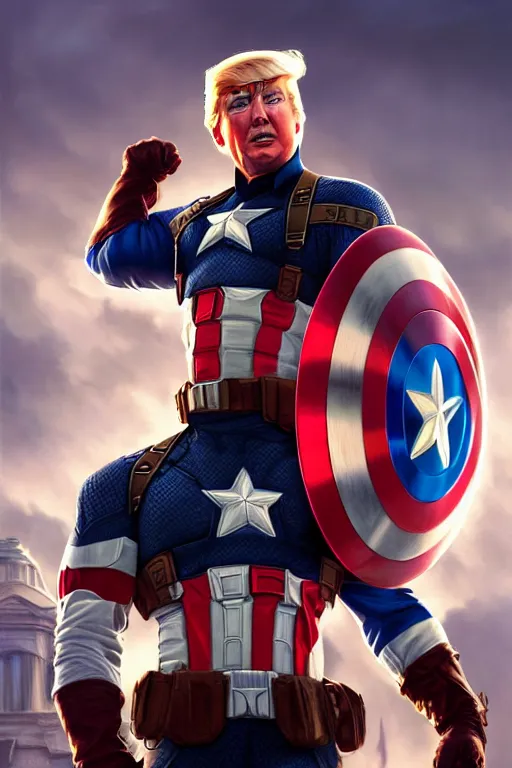 Image similar to a distant cinematic shot of Donald Trump as Captain America, D&D, fantasy, intricate, elegant, highly detailed, digital painting, artstation, concept art, matte, smooth, sharp focus, illustration, art by Artgerm and Greg Rutkowski and Alphonse Mucha, octane render, 8k, hyper realistic