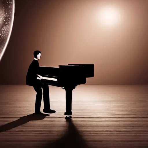 Image similar to a realistic detailed card floating in the air, light particles, piano floating in the sky, light around the piano, shadow of a man playing piano, detailed body, cinematic photo, realistic, detailed