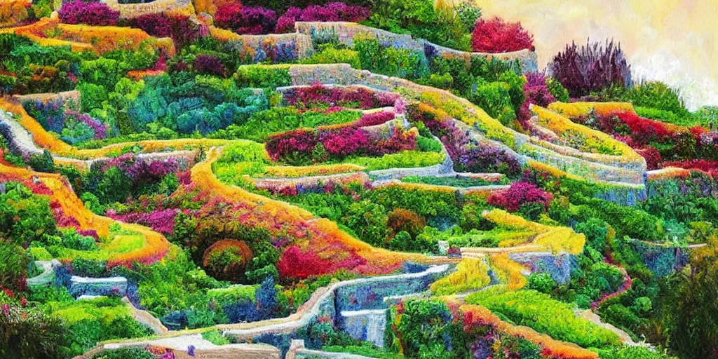 Prompt: painting of terraced gardens, beautiful, colorful, fantasy