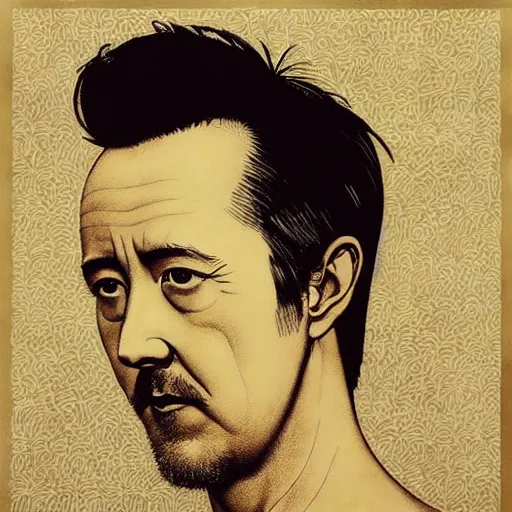 Image similar to “ edward norton portrait by ikenaga yasunari and ayana otake and ko rakusui, 6 0 s poster, drawing, realistic, sharp focus, japanese, dreamy, nostalgia, faded, golden hues, floral clothes, porcelain skin ”