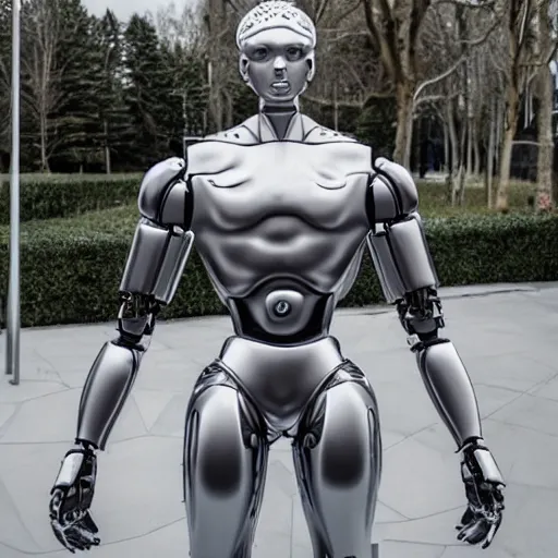 Image similar to made of ice, a realistic detailed photo of a guy who is an attractive humanoid who is half robot and half humanoid, who is a male android, on display, blank stare, showing off his muscles, shiny skin, posing like a statue, by the pool, frozen ice statue, twitch streamer / gamer ludwig, humanoid robot