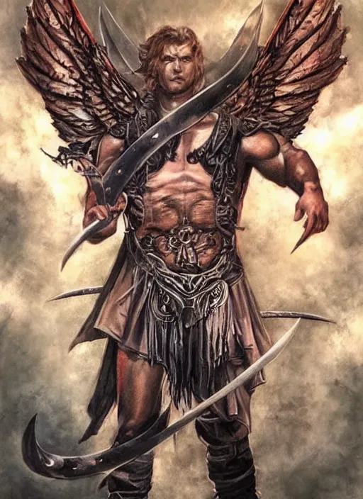 Image similar to front portrait of attractive Sam Winchester as a muscular warrior holding crossed swords metalic wings wide open, teared apart T-Shirt whole body tattooed with runes and satanic symbols, D&D!, fantasy style, sharp focus!, ultra detailed, art by Artgerm and Peter Andrew Jones, WLUP