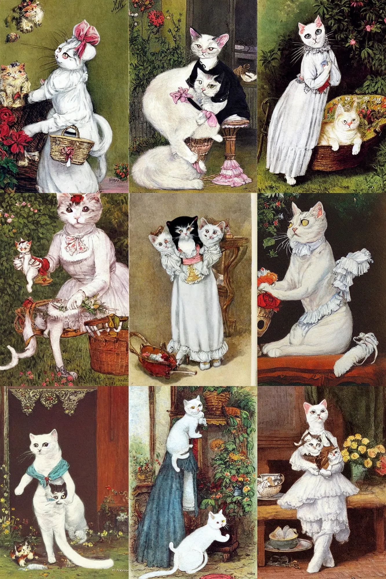 Prompt: a white cat wearing a french maid outfit, illustration by henriette ronner - knip and louis wain