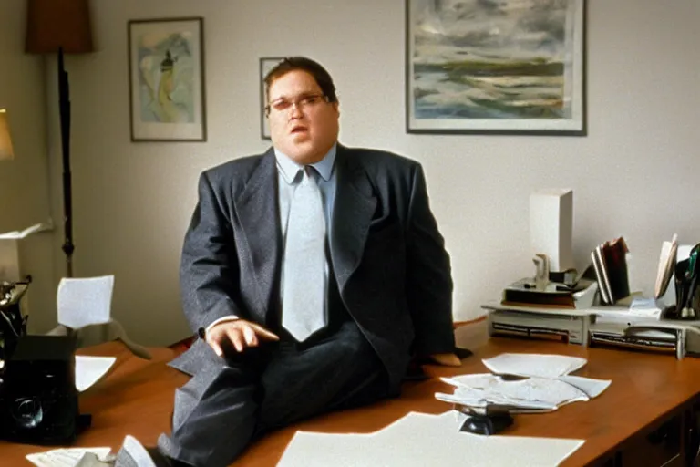 Image similar to cinematic film still from 1994 film: portly clean-shaven white man wearing suit and necktie at his desk. He has his right leg and foot propped up on his desk. XF IQ4, f/1.4, ISO 200, 1/160s, 8K, RAW, dramatic lighting, symmetrical balance, in-frame