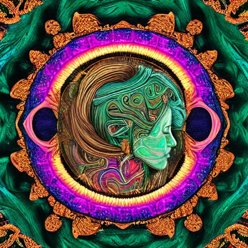 Prompt: a majestic portrait of a woman with a vascular structure as the amazon aws logo, digital painting, high detail, 8 k, intricate ornamental details, vibrant iridescent colors, green magenta and gold