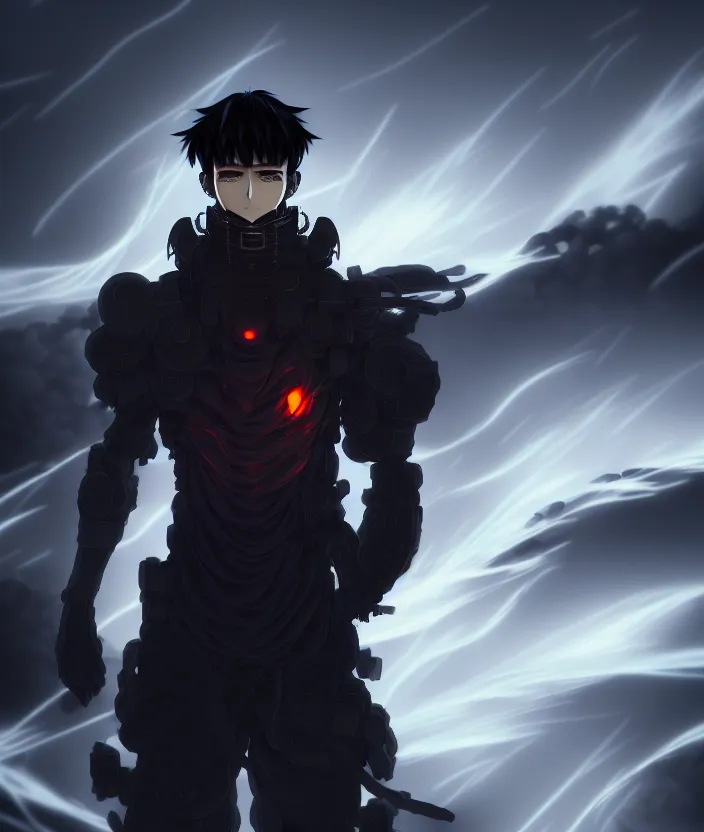 Image similar to a detailed manga illustration character full body portrait of a dark haired cyborg anime man shrouded in clouds of dark smoke and fire, trending on artstation, digital art, 4 k resolution, detailed, high quality, sharp focus, hq artwork, insane detail, concept art, character concept, character illustration, full body illustration, cinematic, dramatic lighting