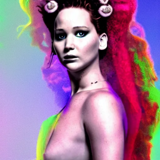 Image similar to a realistic detailed studio portrait photo of jennifer lawrence as the the bride of frankenstein, vaporwave