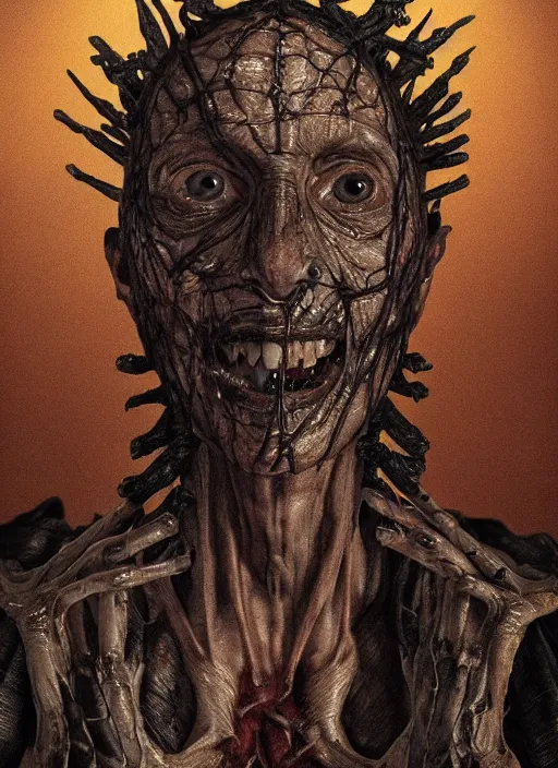 Prompt: portrait of Paimon, one of the kings of hell with translucent skin, visible muscles and veins and arteries and bones and spines and nerves, beautiful detailed intricate insanely detailed octane render, 8k artistic photography, photorealistic, chiaroscuro, by David Cronenberg, Raphael, Caravaggio