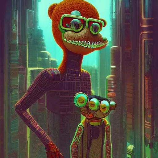 Image similar to cheburashka futurama cyberpunk portrait by gaston bussierre and charles vess and james jean and erik jones and rhads, inspired by rick and morty, epic, funny, huge scale, beautiful fine face features, intricate high details, sharp, ultradetailed