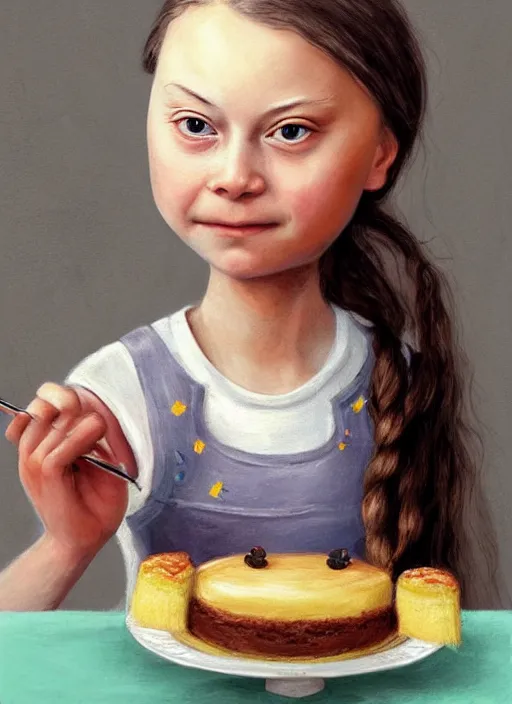 Image similar to greta thunberg eating cakes painted by nicoletta ceccoli, detailed digital art, trending on Artstation