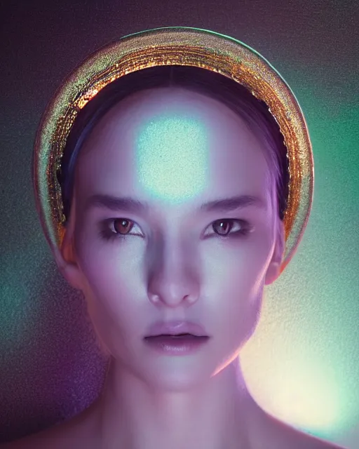 Image similar to soft focus portrait of an android with soft synthetic skin, bioluminescent plastics, smooth shiny metal plates, elaborate head piece, piercings, skin textures, by annie liebovotz,