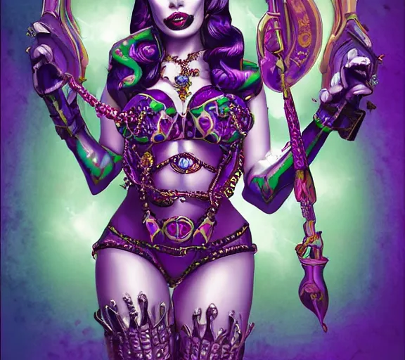 Prompt: beautiful female character inspired by new orleans mardi gras and pop art vampire bounty hunter | | digital artwork made by greg rutswork, anna dittmann and lois van barlee, symmetrical rim light, anatomically correct