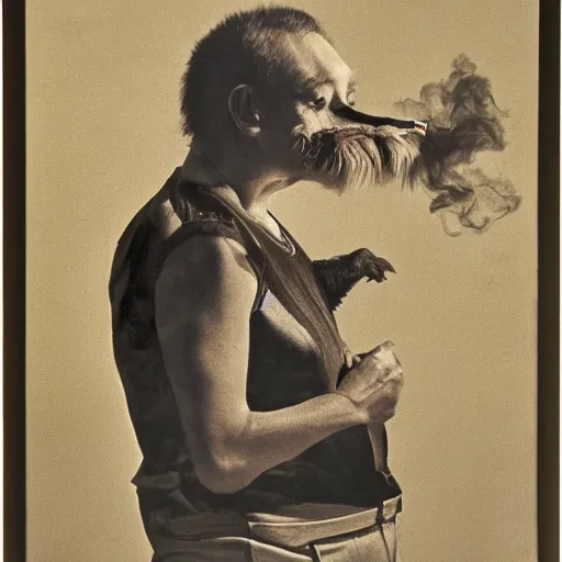 Prompt: a photograph of an animal smoking a cigarette, portrait, photorealistic, 1 9 7 0 s, dark background