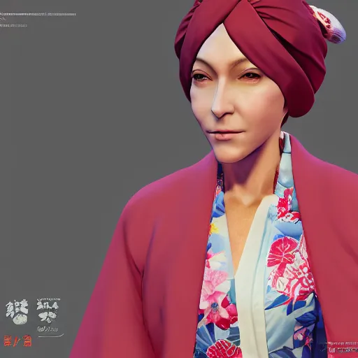 Prompt: [Emma Bonino] in Yakuza videogame, she is wearing a kimono and a turban,artwork 8k, trending on artstation