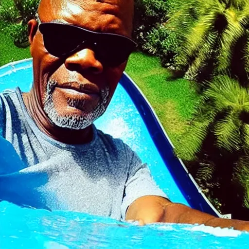 Prompt: high-quality selfie taken by Samuel L Jackson while he goes down a waterslide