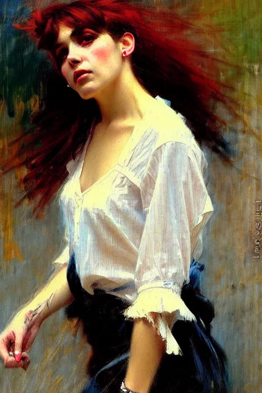 Prompt: impressionist brushstrokes!!!! solomon joseph solomon and richard schmid and jeremy lipking victorian loose genre loose painting full length portrait painting of a young beautiful woman punk rocker