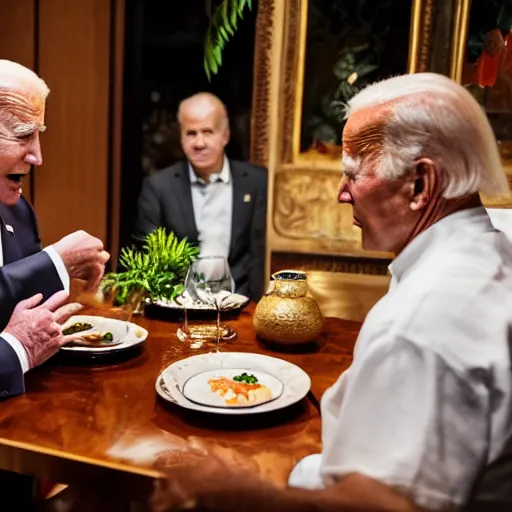 Image similar to Trump and Biden having dinner at a fancy Balinese restaurant, award winning photography, 85mm, perfect faces