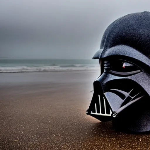 Image similar to darth vader mask laying on an abandoned beach, crabs crawling around, raining, somber