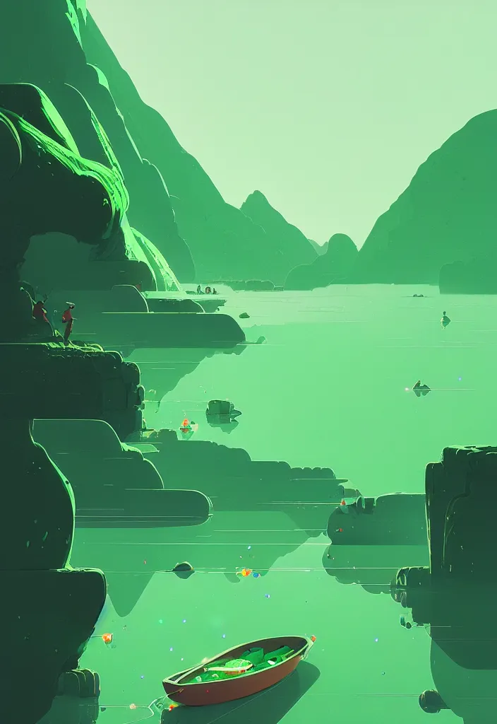 Image similar to by moebius and atey ghailan | a bright green river with clear crystal boats moving up and down it |