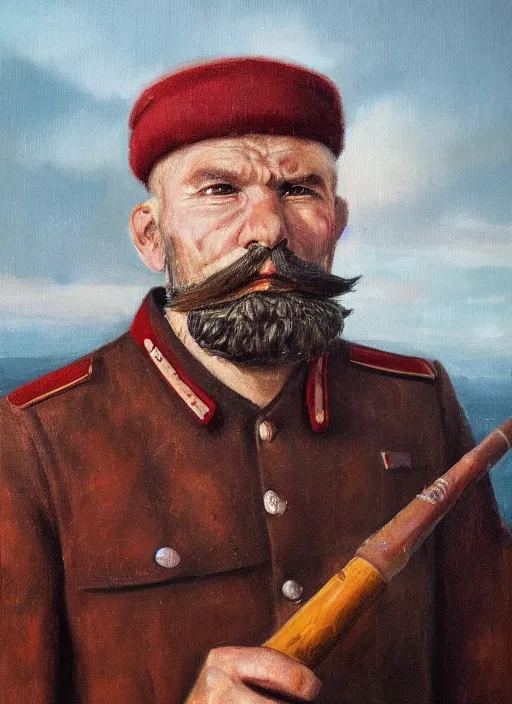 Image similar to A portrait of a single Soviet tankman with a short beard wearing Sámi clothing, smoking a pipe, trending on ArtStation, 4k, oil painting