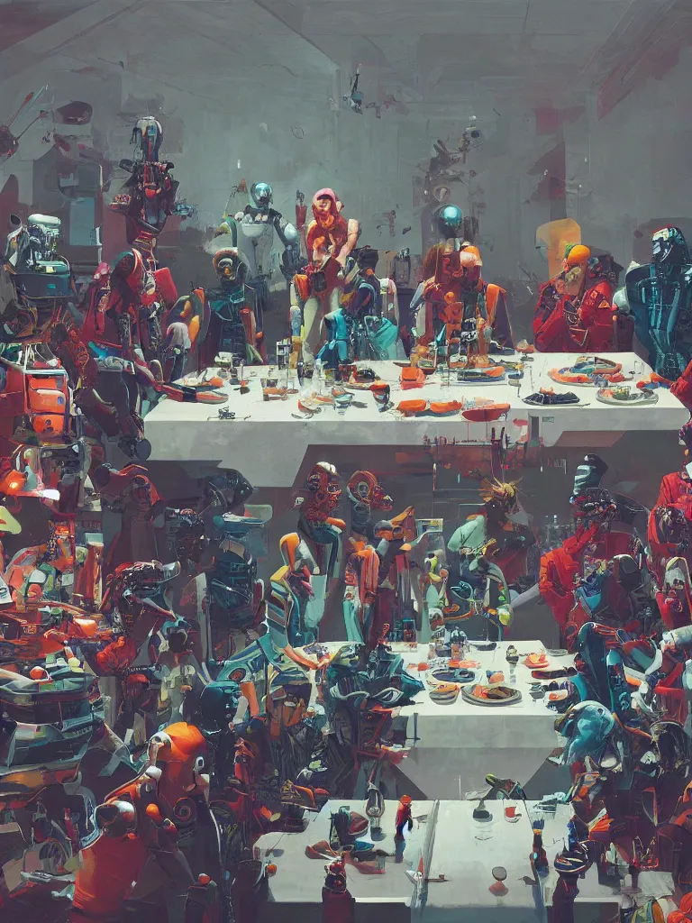 Image similar to a futuristic version of the last supper with punks, criminals and robots in a painting from stalenhag, 4 k, 8 k, hdr, artstation, concept art