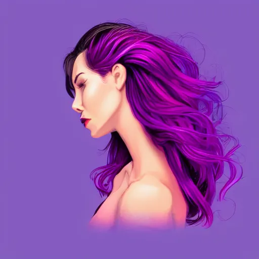 Image similar to a stunning upper body portrait of a beautiful woman with ombre hairstyle in purple and pink blowing in the wind by marvel comics, digital art, trending on artstation