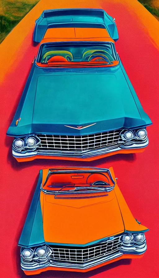 Image similar to far away, top down shot, 1 9 6 3 cadillac convertible driving down empty highway into a bright orange sunrise, water painting, high detail