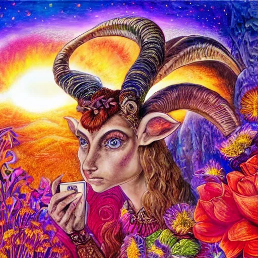 Prompt: josephine wall, horned ram goddess, checking her cell phone, erupting volcano in distance, sunset, flowers in foreground, zodiac, fantasy acrylic on canvas, intricately detailed, highly detailed, high resolution, hdr, 8 k, by senior concept artist, trending on artstation