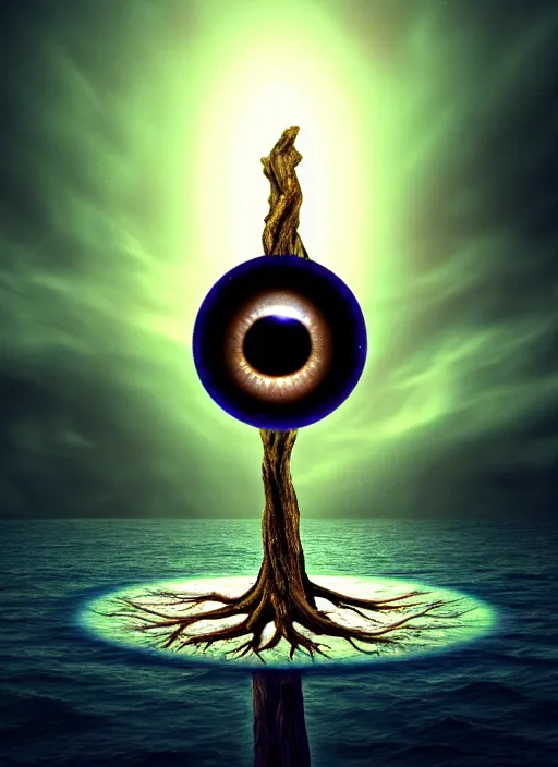 Image similar to a god tree from which planets or galaxies hang instead of futas, the tree is on top of a calm sea, in the background there is an eye whose iris coincides with the tree. fantasy art, horror, nightmare, photo realistic, dynamic lighting, artstation, poster, volumetric lighting, very detailed faces, 4 k, award winning