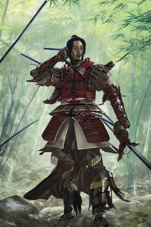 Image similar to an epic samurai in full armor in a mysterious japanese bamboo forest with light shafts, by jesper ejsing and maciej kuciara