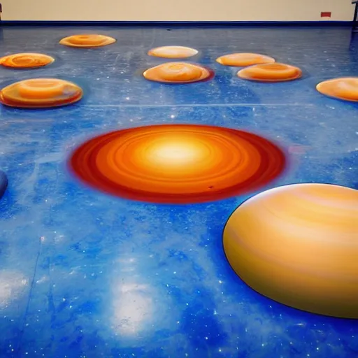 Image similar to planets floating in a school gym. 8k resolution photograph, national geographic footage.