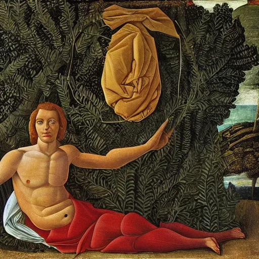 Image similar to portrait of benjamin netanyahu lying elegantly in nature, leaves as clothes, by sandro botticelli