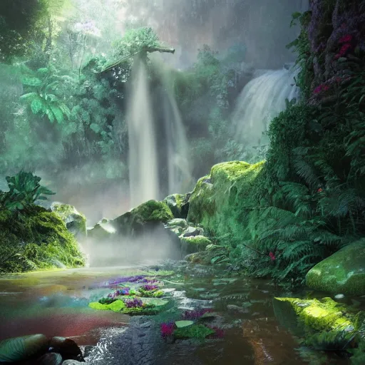 Image similar to an hidden waterfall, beautiful, atmosphere, vibe, mist, rainbow, wet, puddles, fern, flowers, concept art illustration, color page, tone mapping, akihiko yoshida, james jean, andrei riabovitchev, marc simonetti, digital illustration, greg rutowski, volumetric lighting, sunbeams, particles