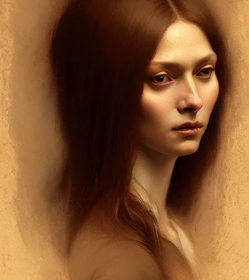 Image similar to portrait of a woman in heightened detail, poised, intense emotion, detailed facial expression, detailed surroundings, intricate, elegant, highly detailed, centered, digital painting, artstation, concept art, smooth, sharp focus, illustration, by ( leonardo da vinci, greg rutkowski ), wlop