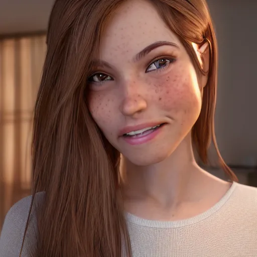 Image similar to Render of April, a cute 3D young woman, long shiny bronze brown hair, full round face, green eyes, light tan skin cute freckles, light blush, smiling softly, wearing casual clothing, interior lighting, cozy living room background, medium shot, mid-shot, hyperdetailed, hyperreal, trending on Artstation, Unreal Engine 4k