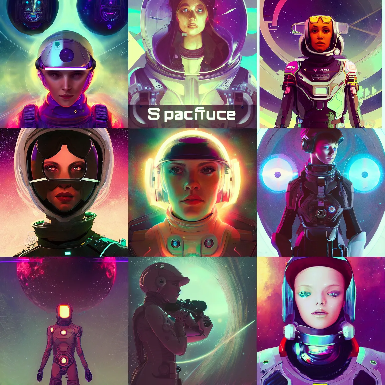 Prompt: futuristic space explorer portraits. spray painting. unreal engine, artstation. mucha, chris mars, victo ngai