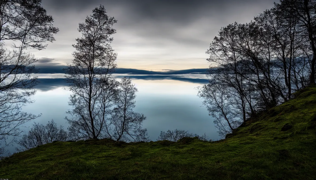 Prompt: calm lakeshore view from hill, cloud reflections, trees, nature, atmospheric, scary, claustrophobic, ambient vibe, very detailed, high resolution, 8 k
