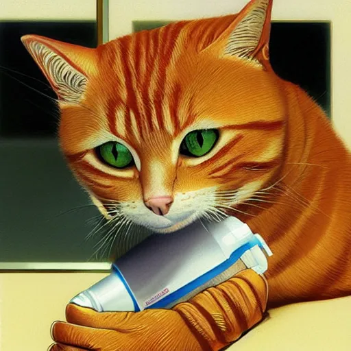 Image similar to an orange tabby cat starting at a syringe at the vet by ilya kuvshinov katsuhiro otomo