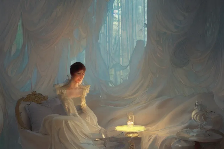 Image similar to a beautiful painting of a room with a pile of white paper, backlighting, gloomy, low saturation, rococo, by krenz cushart and mucha and monet, trending on artstation.