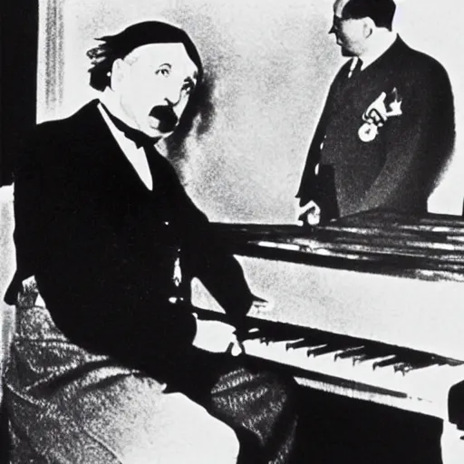 Image similar to “ 1 9 3 3 go pro photo of albert einstein and adolf hitler playing a duet on piano, award winning ”