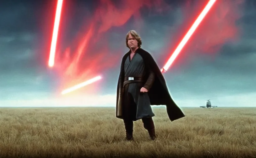 Prompt: screenshot portrait of Luke Skywalker on a windy field, with new jedi army behind him, iconic scene from 1980s film by Stanley Kubrick, last jedi, 4k HD, cinematic lighting, beautiful portrait of Mark Hammill, moody scene, stunning cinematography, anamorphic lenses, kodak color film stock