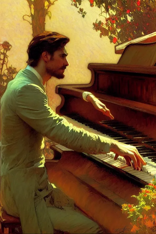 Image similar to attractive man playing piano, cool colors, painting by gaston bussiere, craig mullins, greg rutkowski, alphonse mucha