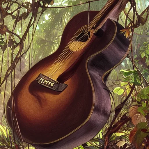 Prompt: A semi-acoustic guitar hanging horizontally from vines, in the jungle, fantasy, intricate, elegant, highly detailed, digital painting, artstation, concept art, smooth, sharp focus, illustration, art by artgerm and greg rutkowski and alphonse mucha