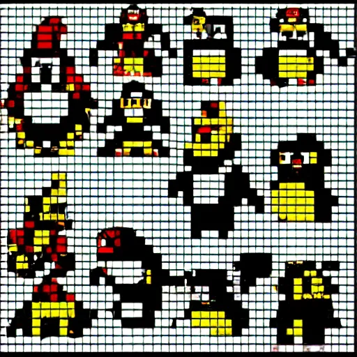 Prompt: fat penguin, donkey kong snes spritesheet