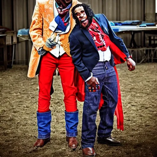 Image similar to king von laugh with fbg dug ( circa 1 9 0 1 ) in cowboy suit, theyre used red and blue bandana