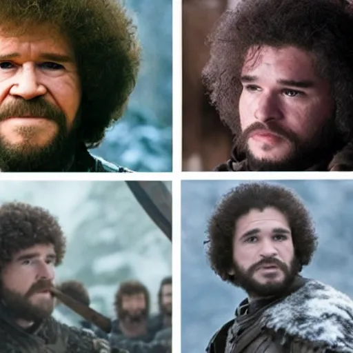 Prompt: bob ross in game of thrones screaming at jon snow