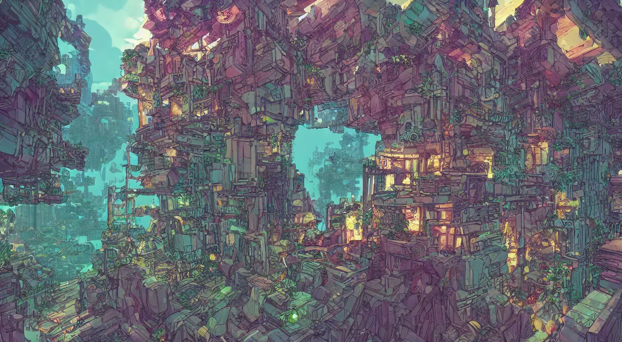 Image similar to open door wood wall fortress greeble block amazon jungle on portal unknow world ambiant fornite colorful that looks like it is from borderlands and by feng zhu and loish and laurie greasley, victo ngai, andreas rocha, john harris