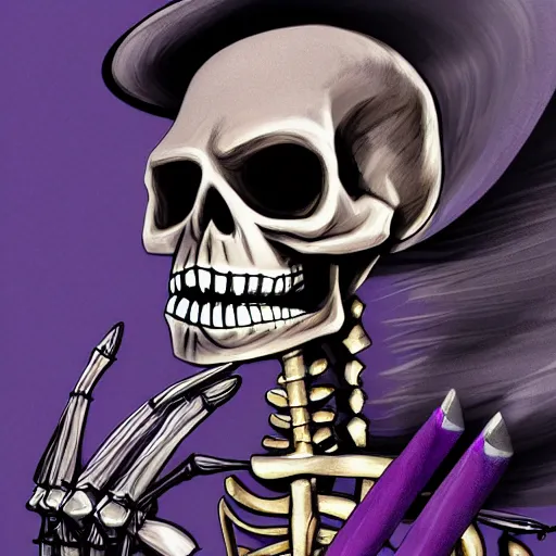 Prompt: a detailed portrait of a fancy skeleton with expressive features and metallic teeth, metal teeth, skeleton in a suit, purple glowing eyes, fantasy art, character, wizard, barbarian