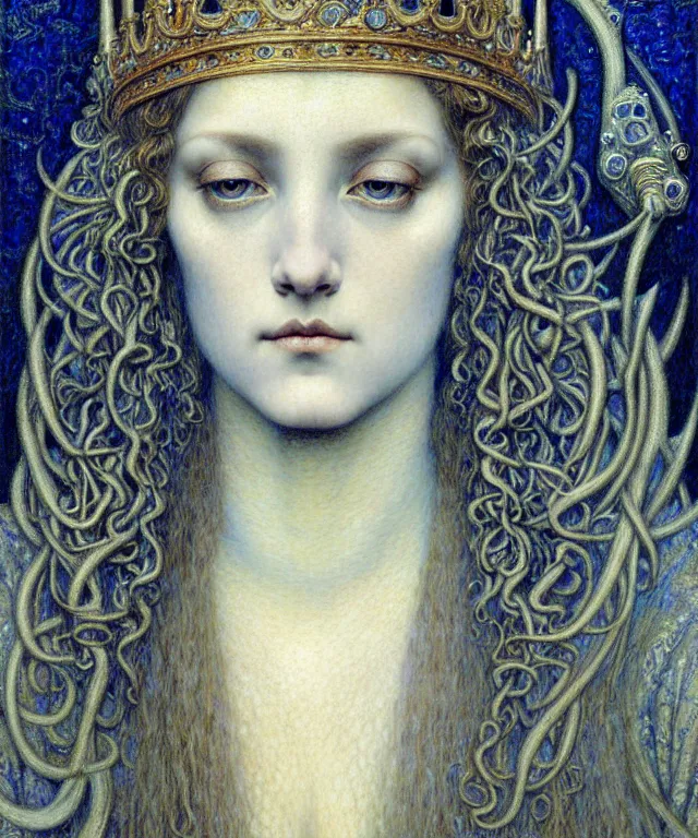 Image similar to detailed realistic beautiful young medieval queen face portrait by jean delville, gustave dore and marco mazzoni, art nouveau, symbolist, visionary, gothic, pre - raphaelite. horizontal symmetry