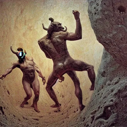 Prompt: theseus and minotaur, fighting in the labyrinth, extra detailed, photorealistic, oil painting by beksinski and dore